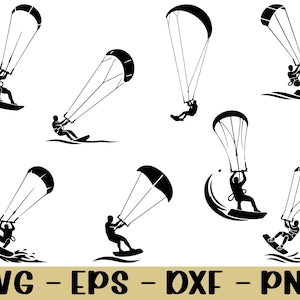 Puede incluir: Ilustraciones en silueta en blanco y negro de kitesurfistas en acción. Cada figura se representa montada en una tabla, sujetando una cometa y navegando por el agua. La imagen incluye el texto "SVG - EPS - DXF - PNG".