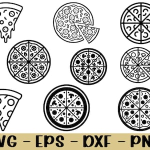 May include: Black and white pizza-themed digital graphics. The image features various pizza slices and whole pizzas with different toppings. The bottom of the image displays the text "SVG - EPS - DXF - PNG".