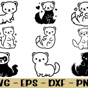 May include: A collection of nine black and white ferret illustrations in various poses. Some ferrets have hearts or stars. The bottom of the image displays the text "SVG - EPS - DXF - PNG".
