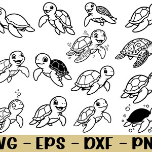May include: A selection of black and white sea turtle illustrations in different poses. The turtles feature detailed shells and smiling faces. The image includes the text "SVG - EPS - DXF - PNG" in a gold colour.