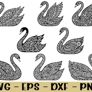 May include: A collection of eight black and white swan illustrations with intricate floral and swirl patterns. The swans are in various poses, with their necks curved and wings spread. The image includes the text "SVG - EPS - DXF - PNG".
