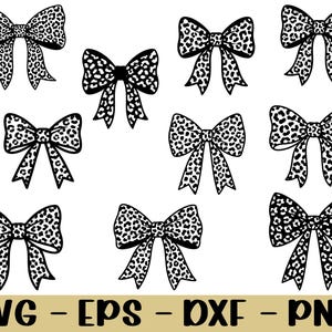 May include: Nine black and white leopard print bows in different designs. The bows have a spotted pattern. The image also features the text "SVG - EPS - DXF - PNG" in a gold colour.