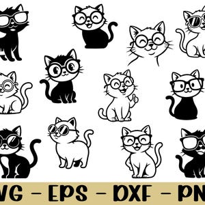 以下が含まれることがあります： メガネをかけた白黒の猫のイラスト集。猫は様々なポーズで描かれています。画像には「SVG - EPS - DXF - PNG」の文字も含まれています。