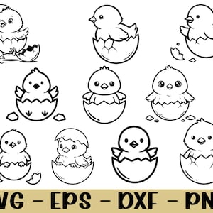 Puede incluir: Dibujo lineal en blanco y negro de varios pollitos saliendo de huevos. Los pollitos tienen pequeños picos y están rodeados de cáscaras de huevo agrietadas. La imagen incluye el texto "SVG - EPS - DXF - PNG" en fuente dorada.