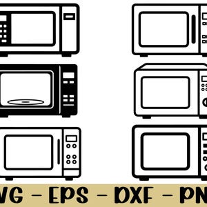 Può includere: Illustrazioni in bianco e nero di forni a microonde. L'immagine include sei diversi design di forni a microonde, ciascuno con una forma rettangolare e una porta. La parte inferiore dell'immagine include il testo "SVG - EPS - DXF - PNG".