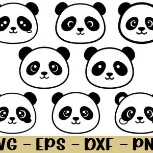 May include: A collection of seven panda bear face designs in black and white. Each panda face has black eyes, ears, and a small smile. The bottom of the image includes the text "SVG - EPS - DXF - PNG" in a gold color.