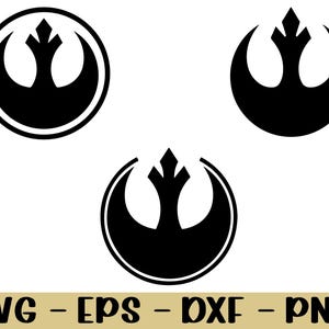 May include: Three black graphic designs of the Rebel Alliance symbol from Star Wars. The designs are in a circle, a crescent shape, and a rounded shape. The bottom of the image has the text "SVG - EPS - DXF - PNG".