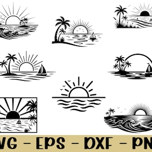 Può includere: Una collezione di grafiche vettoriali in bianco e nero a tema spiaggia. I disegni includono soli, palme, onde e barche a vela. L'immagine include anche il testo "SVG - EPS - DXF - PNG".