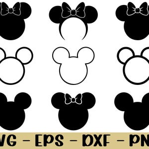 Può includere: Grafica vettoriale in bianco e nero di teste e orecchie di topi dei cartoni animati, alcune con fiocchi. L'immagine include il testo "SVG - EPS - DXF - PNG" in colore oro nella parte inferiore.