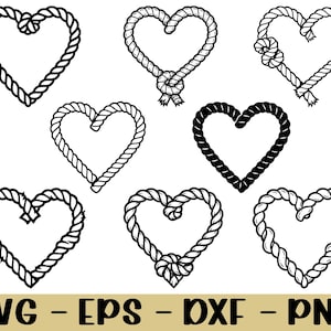 May include: A collection of eight heart-shaped designs crafted from rope. The hearts vary in style, with some featuring knots and different rope textures. The image includes the text "SVG - EPS - DXF - PNG" at the bottom, indicating file formats.