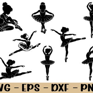 May include: A collection of eight black silhouettes of ballet dancers in various poses, including leaping, standing, and sitting, all wearing tutus and ballet slippers. The text SVG - EPS - DXF - PNG is displayed in black at the bottom of the image.