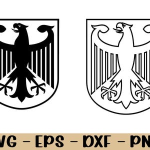 May include: Two graphic illustrations of a heraldic eagle inside a shield shape. The left version is a solid black silhouette, while the right version is a black outline. Below the shields, the text reads SVG - EPS - DXF - PNG in black.