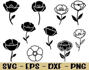Flores de amapola SVG, silueta de flores de amapola, DXF, PNG