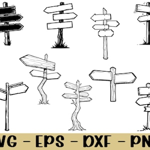 May include: A collection of hand-drawn black and white directional sign illustrations. The signs have blank arrow-shaped and rectangular panels. The bottom of the image displays the text "SVG - EPS - DXF - PNG".