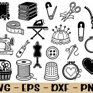 May include: A collection of black and white sewing icons including a sewing machine, measuring tape, scissors, zipper, buttons, thimble, needle, thread spool, pincushion, iron, ironing board, dress form, and basket. The text SVG - EPS - DXF - PNG is below.