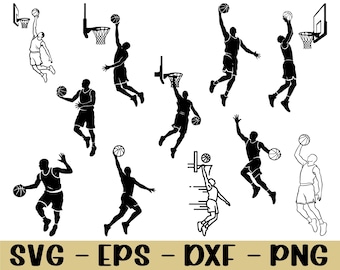 May include: Black and white basketball-themed digital graphics featuring multiple silhouettes of basketball players in action, shooting and dribbling. Includes the text "SVG - EPS - DXF - PNG" in a gold color.