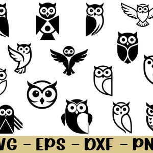 May include: A collection of black and white owl illustrations in various poses. Some owls are depicted with wings spread, while others are in a side profile or front-facing. The image includes the text "SVG - EPS - DXF - PNG" at the bottom.