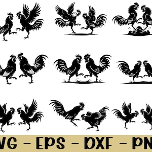 Puede incluir: Una colección de siluetas negras de gallos en varias poses, incluyendo enfrentados y con las alas extendidas. La imagen incluye el texto "SVG - EPS - DXF - PNG" en la parte inferior, indicando formatos de archivo.