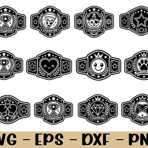 May include: A collection of twelve black and white championship belt emblems featuring various icons including trophies, a pizza slice, a pirate skull, a star, a heart, a smiley face, a paw print, boxing gloves, a diamond, and a game controller.