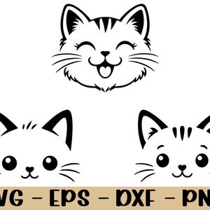 Pode incluir: Uma ilustração gráfica a preto e branco com três rostos de gato distintos. O gato de cima tem uma expressão alegre com a boca aberta. Os dois gatos de baixo apresentam olhos redondos e bigodes. O texto SVG - EPS - DXF - PNG está abaixo.