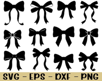 Könnte beinhalten: Eine Sammlung schwarzer Schleifensilhouetten in verschiedenen Stilen. Die Schleifen sind vor einem weißen Hintergrund dargestellt. Der Text "SVG - EPS - DXF - PNG" ist unten im Bild zu sehen.