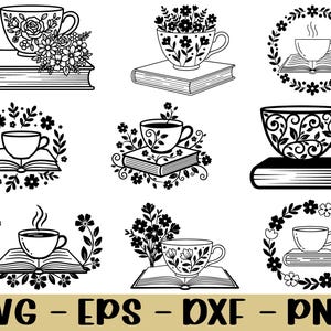 Blommig tekopp på böcker Svg, Dxf, Png