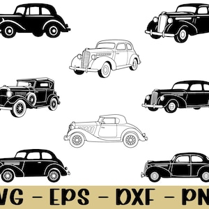 Pode incluir: Coleção de ilustrações de carros antigos em preto e branco. A imagem apresenta vários designs de carros clássicos, incluindo sedans e conversíveis, em estilo vetorial. A parte inferior da imagem exibe o texto "SVG - EPS - DXF - PNG".