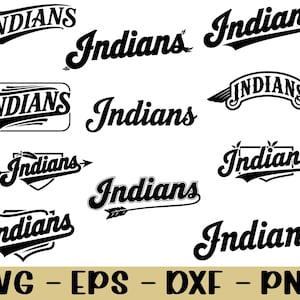 Könnte beinhalten: Eine Sammlung von schwarz-weißen "Indians" Logo-Designs in verschiedenen Stilen. Die Logos enthalten Text in einer Schreibschrift, einige mit dekorativen Elementen wie Pfeilen und Flügeln. Am unteren Rand des Bildes werden Dateityp-Abkürzungen angezeigt: SVG, EPS, DXF und PNG.