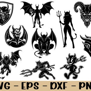 Puede incluir: Una colección de ilustraciones gráficas en blanco y negro con varias figuras de demonios, incluyendo demonios alados, cabezas con cuernos y personajes sosteniendo tridentes. El texto inferior muestra los formatos SVG, EPS, DXF y PNG.
