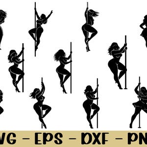 May include: Black silhouette illustrations of women pole dancing in various poses. The figures are depicted with flowing hair and are holding onto a vertical pole. The image includes the text "SVG - EPS - DXF - PNG" in a gold color.
