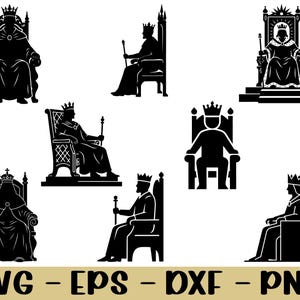Puede incluir: Una colección de imágenes de siluetas negras de reyes y reinas sentados en tronos, sosteniendo cetros y usando coronas. Las imágenes muestran varias poses y diseños de tronos. La parte inferior de la imagen muestra el texto "SVG - EPS - DXF - PNG".