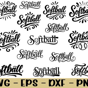 May include: A collection of black softball-themed designs in various cursive fonts. The designs include the word "Softball" with decorative elements like stars, lines, and a softball with a trophy. The bottom of the image displays "SVG - EPS - DXF - PNG".