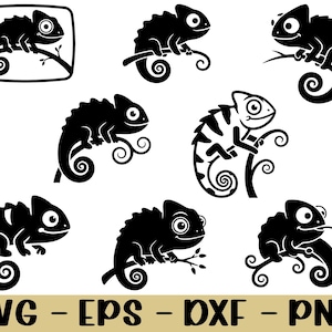 Könnte beinhalten: Eine Sammlung schwarzer Chamäleon-Silhouetten in verschiedenen Posen, auf Ästen oder Ranken sitzend. Das Bild enthält unten den Text "SVG - EPS - DXF - PNG", der Dateiformate für digitale Design- oder Bastelprojekte angibt.
