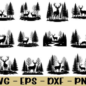Può includere: Una collezione di disegni a silhouette nere raffiguranti cervi in un ambiente forestale. Le immagini includono varie scene di cervi tra gli alberi, con il testo "SVG - EPS - DXF - PNG" in basso.