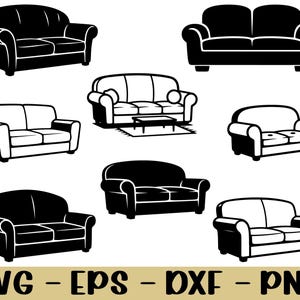 May include: A collection of vector illustrations of sofas in various styles, presented in black and white. The designs include two-seater and three-seater couches with different armrest and backrest shapes. The bottom of the image displays the text "SVG - EPS - DXF - PNG".
