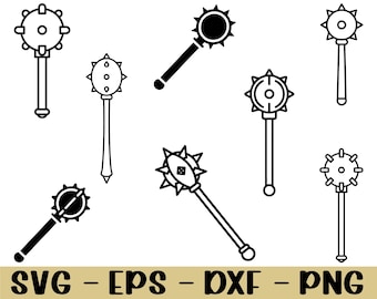 May include: Black and white line art illustrations of medieval maces with spiked heads and long handles. The image includes various designs of these historical weapons, perfect for digital art projects.