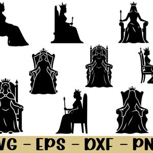 Puede incluir: Imágenes de siluetas negras de reinas en varias poses, sentadas en tronos o sillas, con coronas y cetros. La parte inferior de la imagen muestra el texto "SVG - EPS - DXF - PNG".