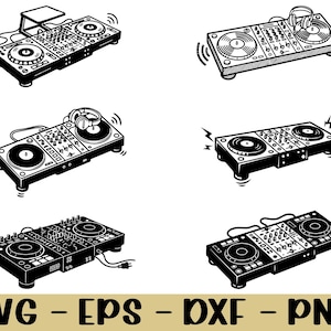 Peut inclure: Illustrations en noir et blanc de tables de mixage et de platines DJ. Les images présentent différents modèles d'équipements de DJ, notamment des tables de mixage, des platines et des casques. Le bas de l'image contient le texte "SVG - EPS - DXF - PNG".