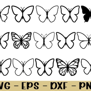 May include: A collection of butterfly designs in black and white. The butterflies vary in style, with some outlined and others solid. The image includes the text "SVG - EPS - DXF - PNG" at the bottom, indicating file formats.