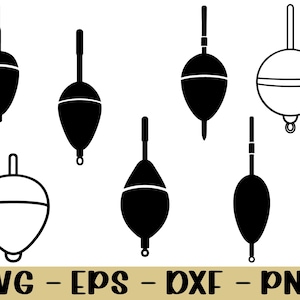 May include: A selection of black and white fishing float designs. The floats are in various shapes, including oval and teardrop, with a line attachment at the top and bottom. The image also includes the text "SVG - EPS - DXF - PNG".