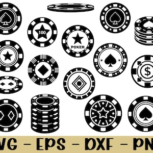 May include: A collection of black and white poker chips with various designs, including spades, stars, diamonds, and dollar signs. Some chips are stacked, and the image includes the text "SVG - EPS - DXF - PNG".