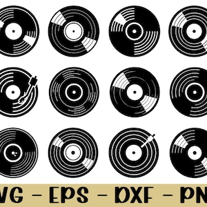May include: A collection of twelve black and white vinyl record illustrations. Some records have grooves, while others have a turntable arm. The bottom of the image displays the text "SVG - EPS - DXF - PNG".