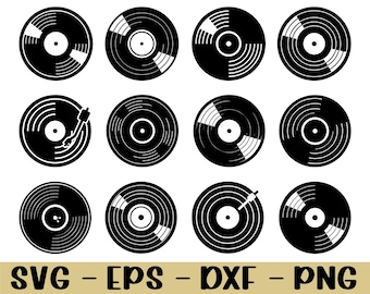 May include: A collection of twelve black and white vinyl record illustrations. Some records have grooves, while others have a turntable arm. The bottom of the image displays the text "SVG - EPS - DXF - PNG".