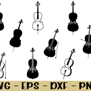 May include: A selection of black cello silhouettes in different positions on a white backdrop. Some cellos have bows. The bottom of the image shows the text "SVG - EPS - DXF - PNG".