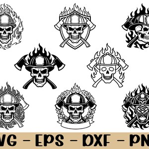 May include: A collection of eight black and white graphic illustrations featuring skulls wearing firefighter helmets, crossed axes, and flames. The bottom of the image displays the text SVG - EPS - DXF - PNG in a bold, black sans-serif font.