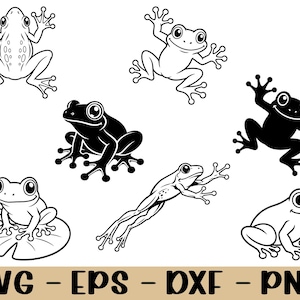 May include: A collection of six black and white frog illustrations in various poses, including frogs sitting, jumping, and resting on a lily pad. The graphic set includes both outlined and solid black silhouettes, with the text SVG - EPS - DXF - PNG.