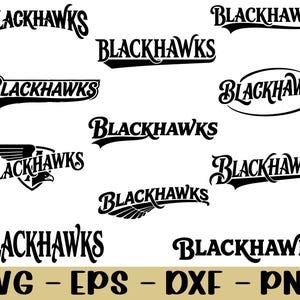 Op de afbeelding: Een verzameling zwart-witte "Blackhawks" logo's in verschillende stijlen. De logo's bevatten script, gestileerde tekst en embleemontwerpen. De onderkant van de afbeelding toont "SVG - EPS - DXF - PNG" in een goudkleurig lettertype.