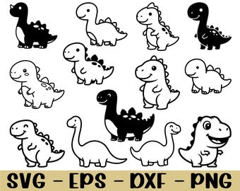 Może przedstawiać: Kolekcja ilustracji dinozaurów z kreskówek w czerni i bieli. Dinozaury mają różne pozy i wyrazy twarzy. U dołu obrazu znajduje się tekst "SVG - EPS - DXF - PNG".