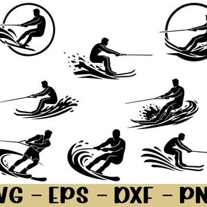 Puede incluir: Gráficos vectoriales en blanco y negro de figuras de esquí acuático en varias poses. Algunas figuras están dentro de un marco circular. La imagen incluye el texto "SVG - EPS - DXF - PNG" en la parte inferior, indicando formatos de archivo.