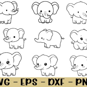 Cute Kawaii Baby Elephant Svg, Dxf, Png